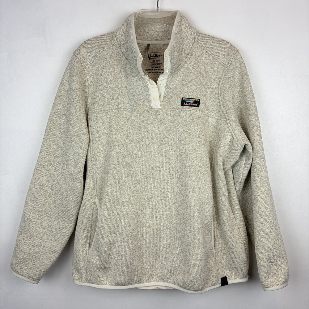 LL Bean Sweater Fleece Pullover Womens Large Beige 1/4 Snap Casual Hiking
